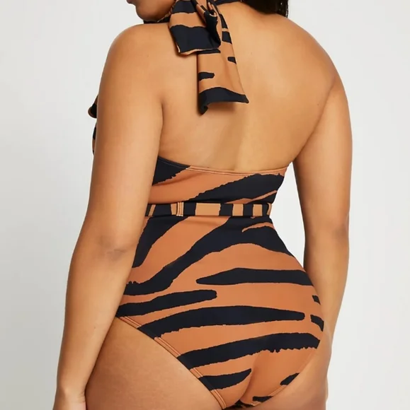 River Island Animal Print Halter One Piece Bathing Suit - Picture 3 of 10